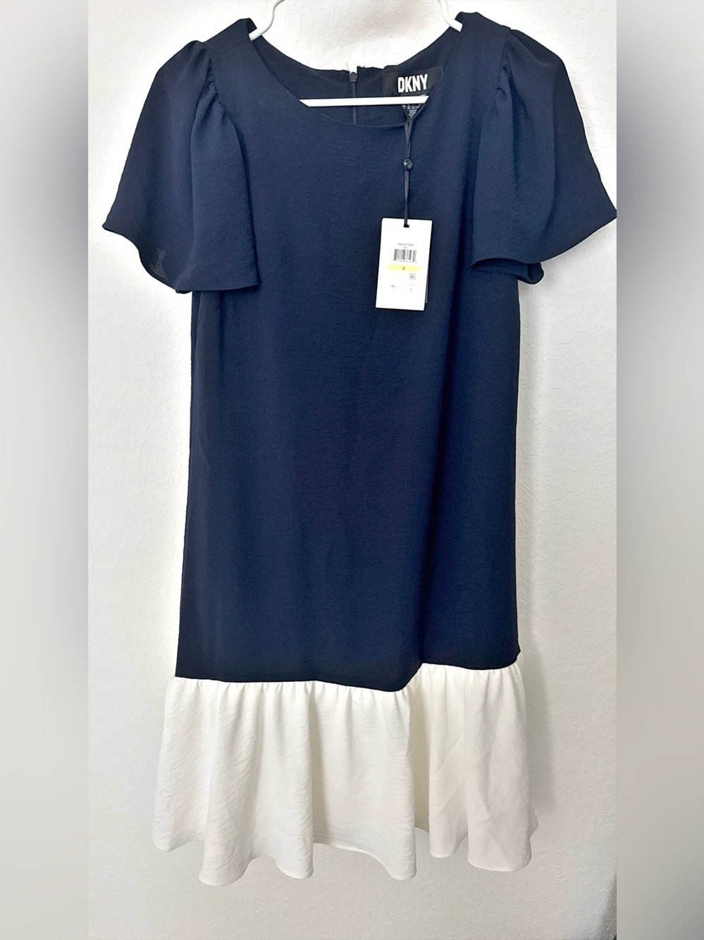 DKNY Navy and White Ruffle-Hem Shift Dress with Flutter Sleeves